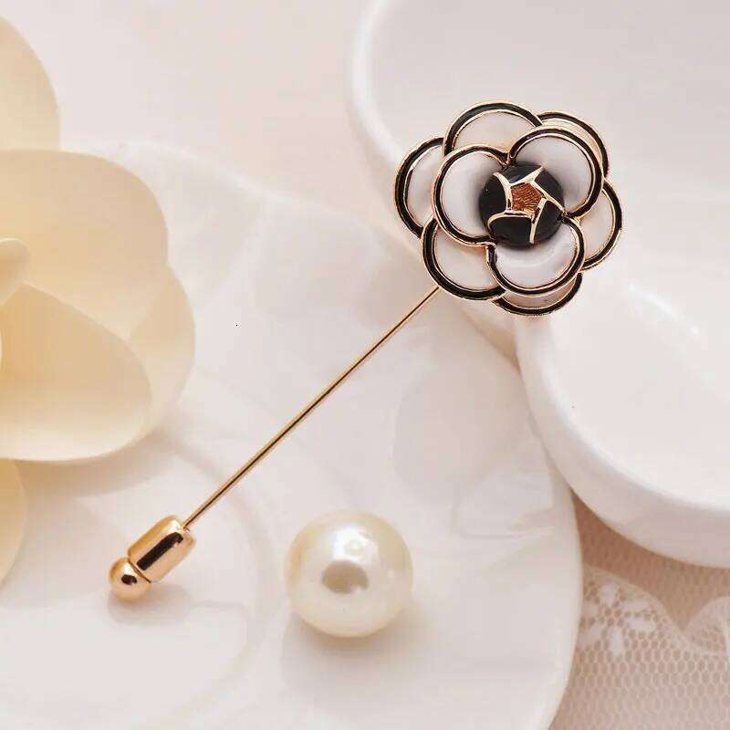 Camellia Pin Brooch Black White Flower Rose Pearl Female Brooches Accessories