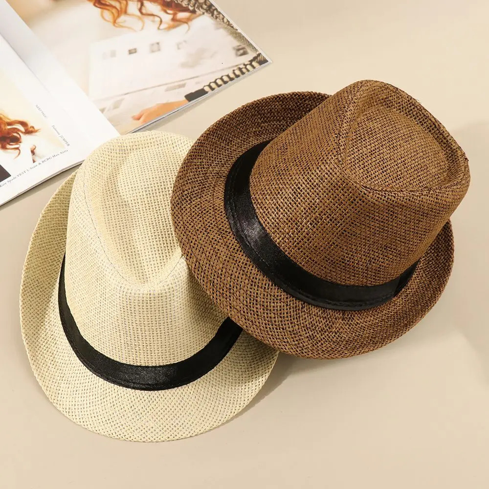 Unisex Fashion Beach Sun Cap Summer Wide Brim Straw Panama Cap Casual Jazz Dress Hat Cowboy Fedora Hat Gangster Cap 260327