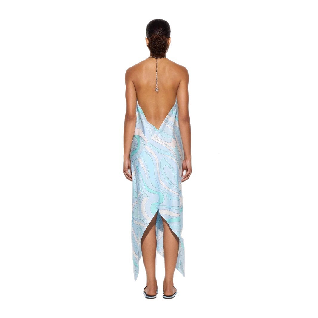 2025 New Printed Satin Simple Style Printed Halter Neck Long Dress Irregular Dress