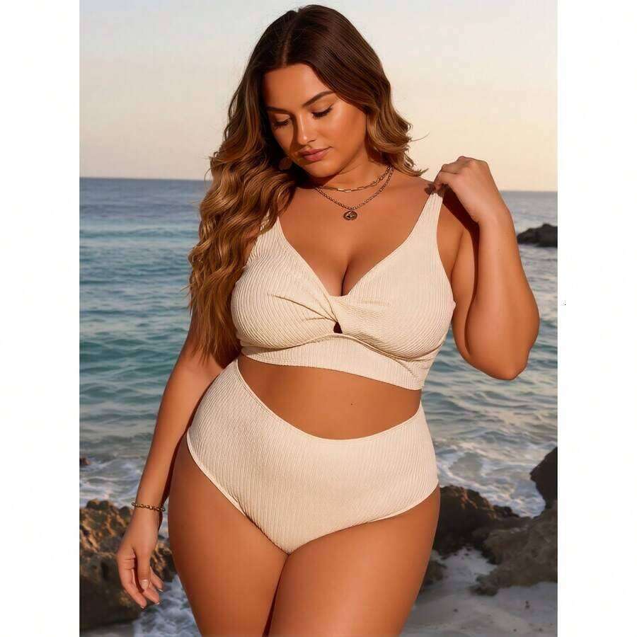 Women's White Swimsuit Deep V Neck - Ribbed Two Piece Bathing Suit With High Waisted Shorts, Tummy Control, Twist Knot Bikini Set For Beach Vacat