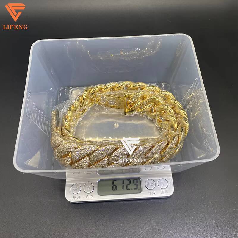New Fashion 925 Silver Moissanite Diamond Necklace 25mm Ice Bubble Chain Gold Plated Cuban Link Alloy for Men for Hip-hop
