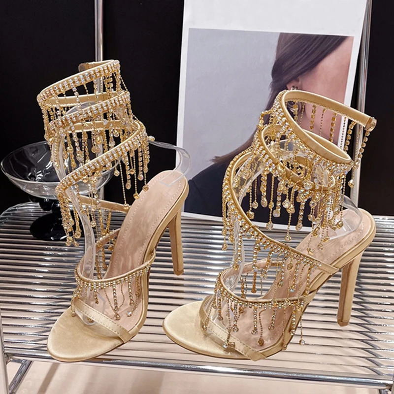 Liyke Elegant Women Wedding Banquet Shoes Fashion Crystal Tassel Twining Stiletto Sandals Sexy Open Toe Stripper Heels Golden 260402
