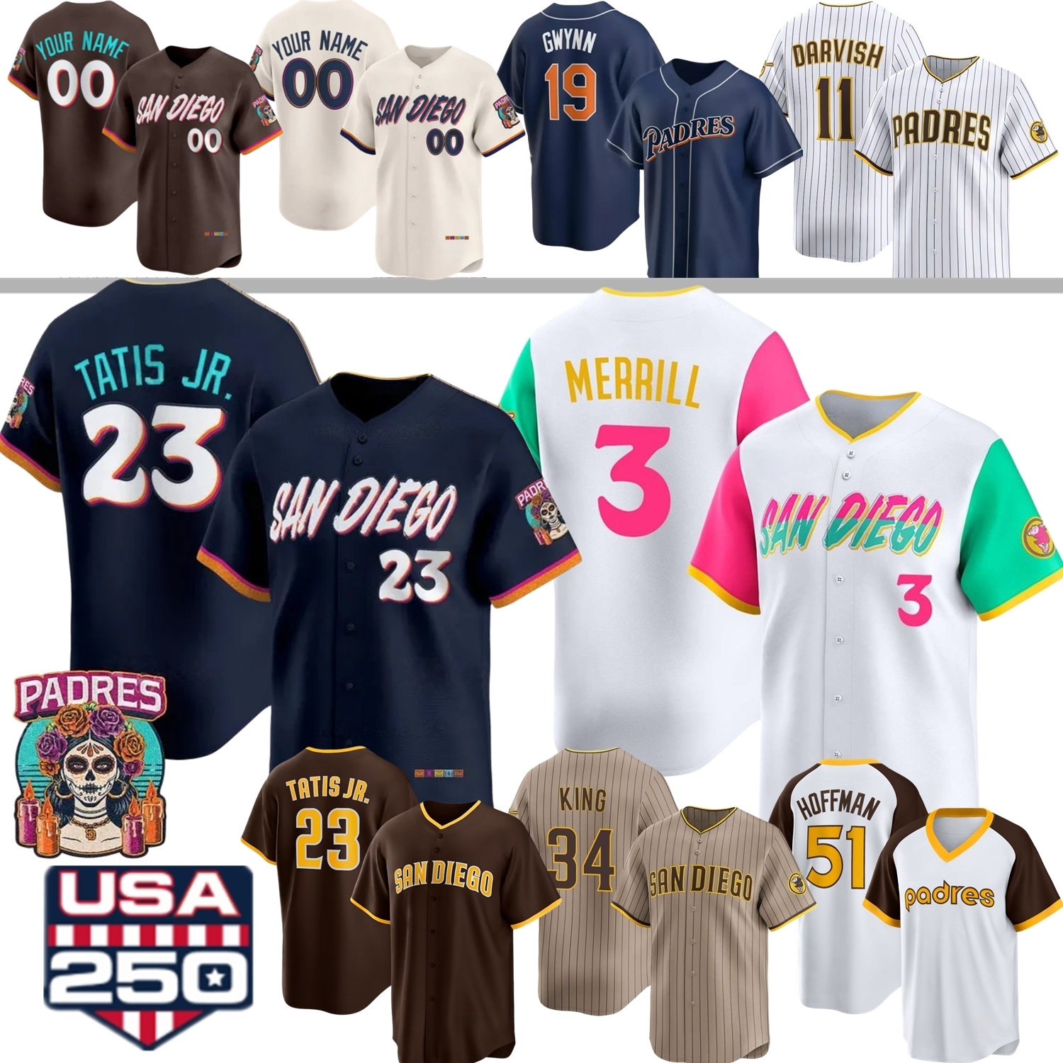 SD Padres Baseball Jersey Jackson Merrill Fernando Tatis Jr. Manny Machado Ethan Salas Joe Musgrove Tony Gwynn Cronenworth Darvish King Miller McKenzie Bogaerts