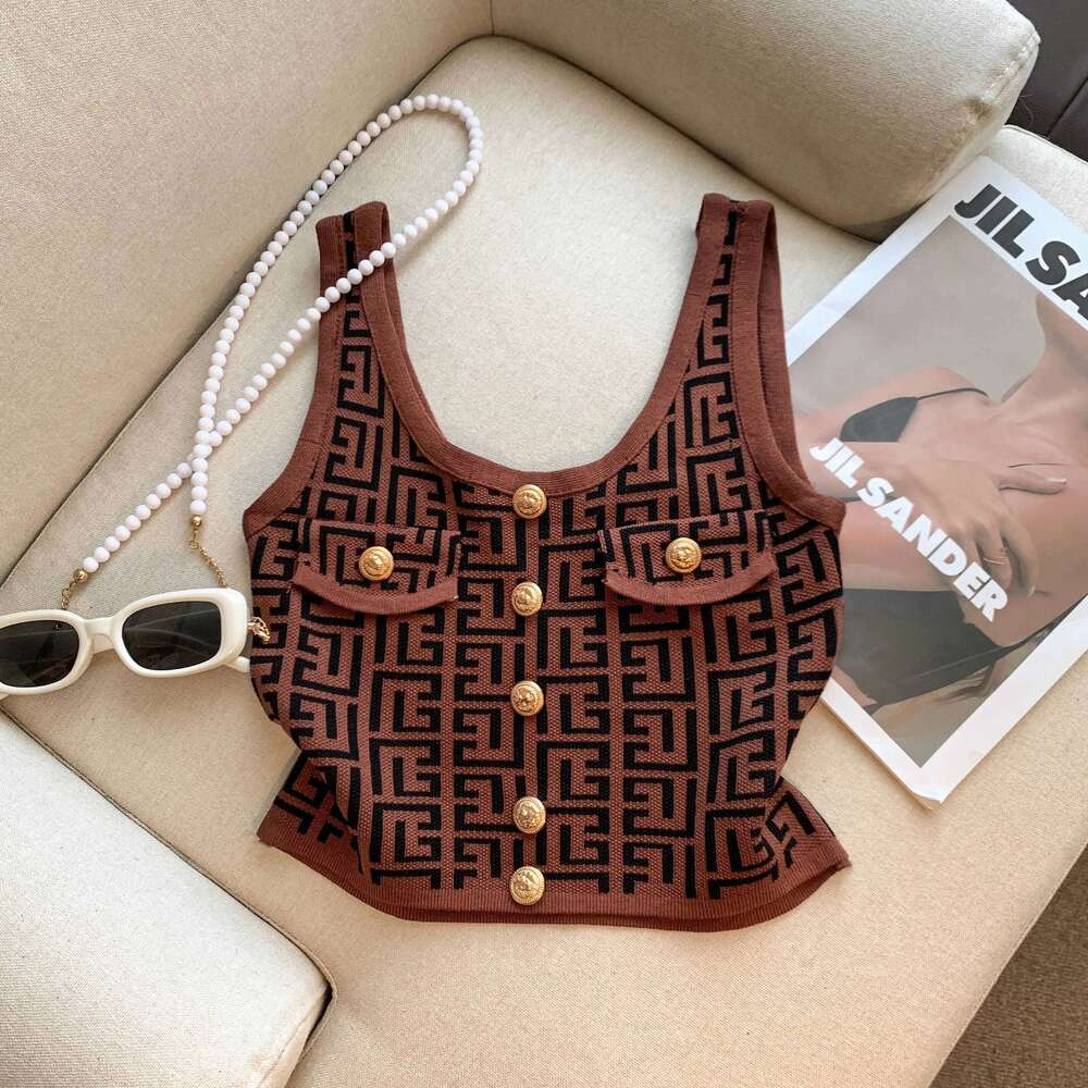 French Style Square Collar Ice Silk Sleeveless Tops Slim Buttoned Blazer Knitted Tanks High End Geometric Jacquard Crop Top