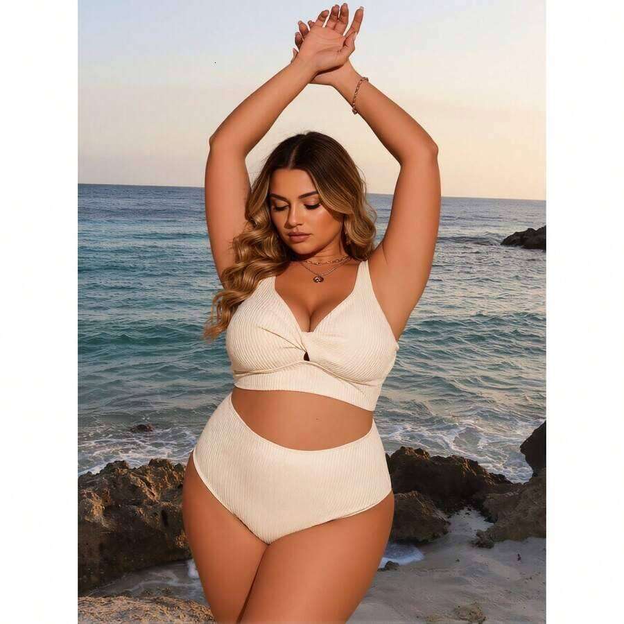 Women's White Swimsuit Deep V Neck - Ribbed Two Piece Bathing Suit With High Waisted Shorts, Tummy Control, Twist Knot Bikini Set For Beach Vacat