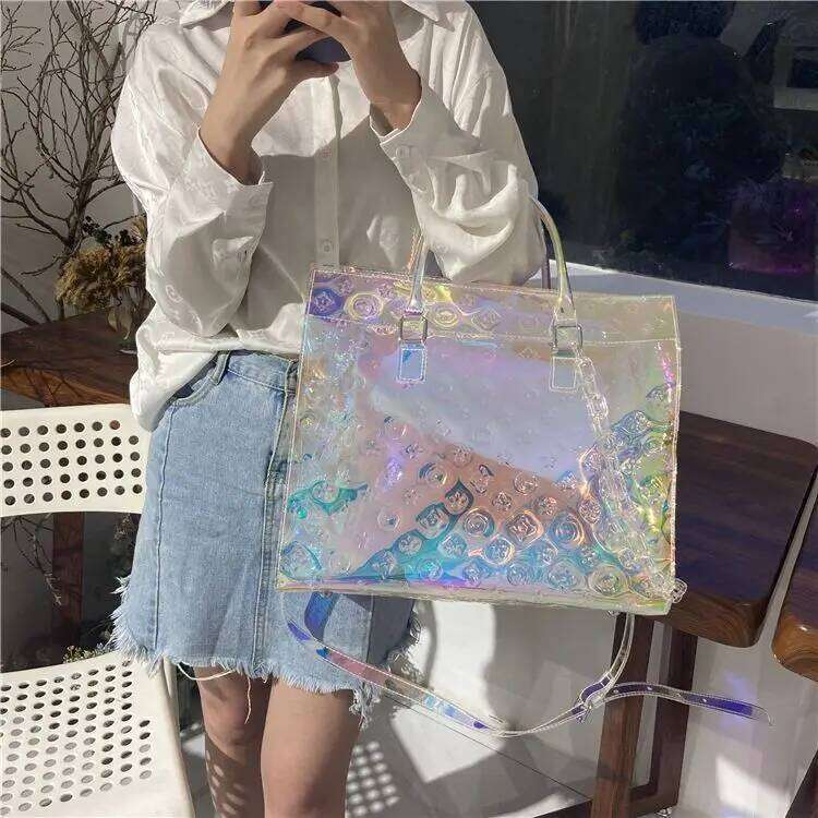 Tote Women TPU Transparent Tote Laser Holographic Colorful Shiny Travel Leisure Luggage Large Capacity Sports Gym Messenger Bag Clutch Bag