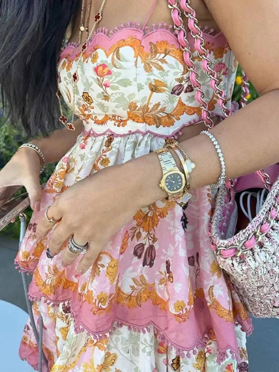 Off-Shoulder Floral Cake Long Skirt Halter Style Backless Splice Polyester Spring Summer Women's Street Fashion Dress