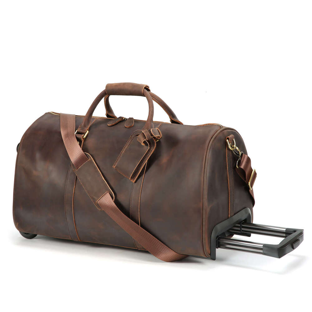 Vintage Crazy Horse Leather Travel Bag, Top Grain Cowhide Trolley Luggage, Men's Business Carry-on, Large Capacity Travel Duffel Bag SENYY