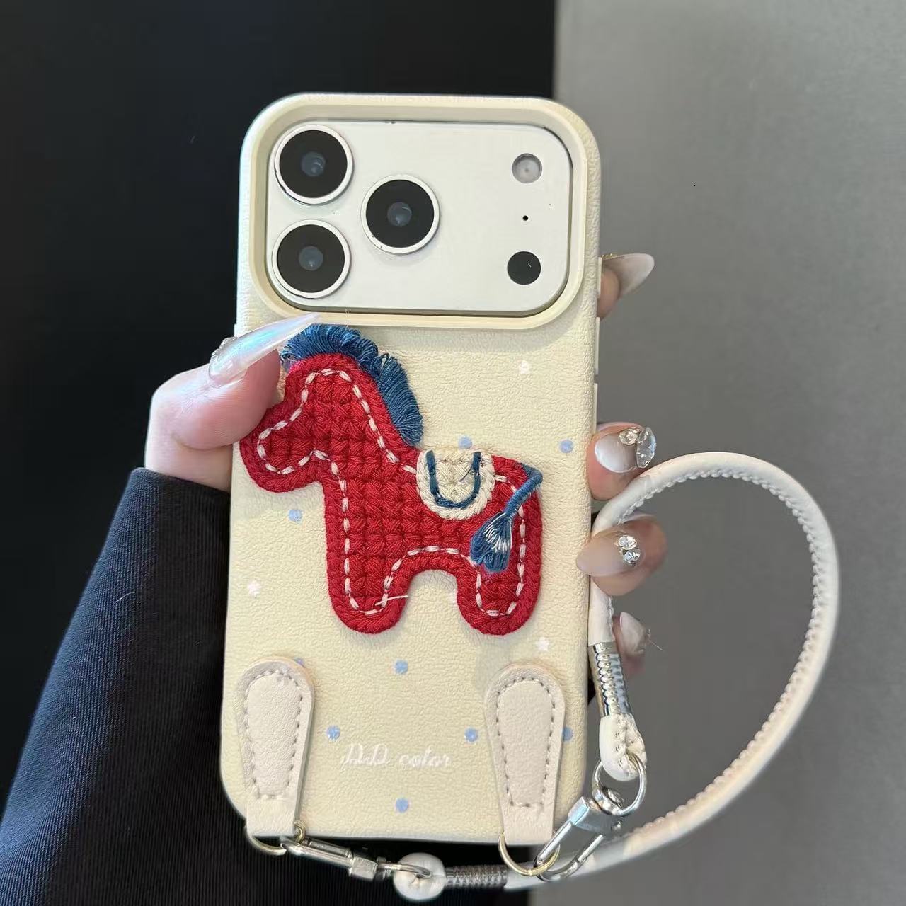 Designer Luxury Handcrafted Embroidered Horse Phone Case, Yellow Leather Wrist Strap Full Lens Protection Anti-fall Case For Iphone 15/14/13