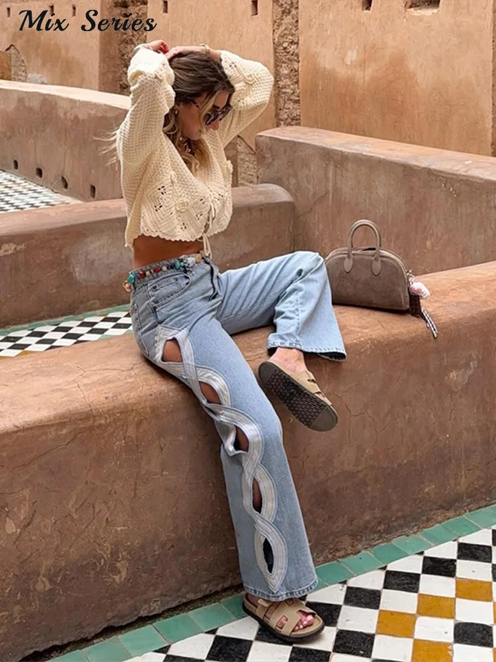 Fashion Side Hollow Out Jeans Womens High Waist Straight Leg Denim Pants 2026 Summer Lady Trendy Casual Streetwear 260402