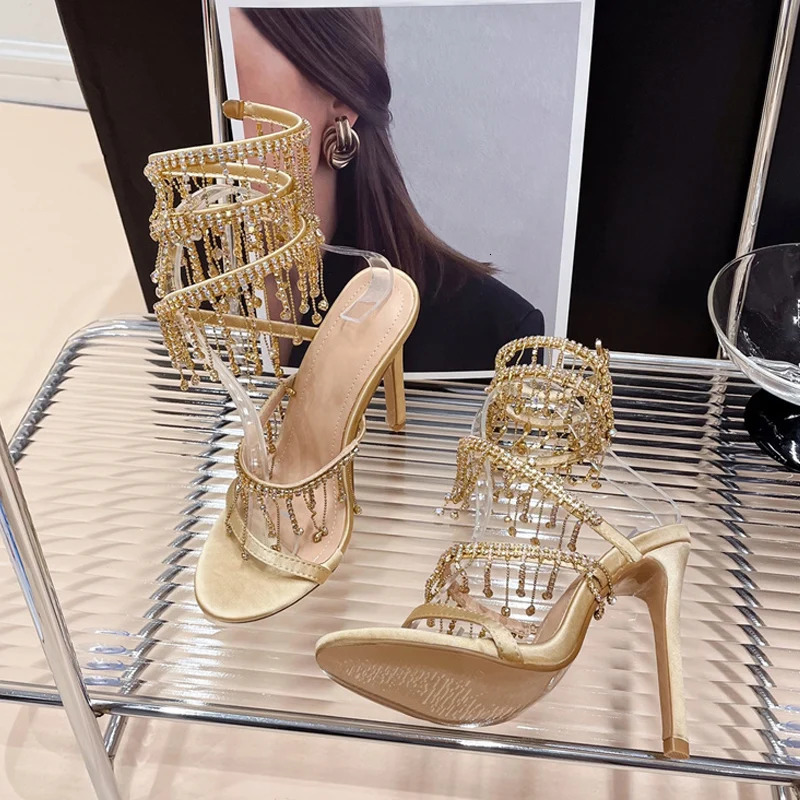Liyke Elegant Women Wedding Banquet Shoes Fashion Crystal Tassel Twining Stiletto Sandals Sexy Open Toe Stripper Heels Golden 260402