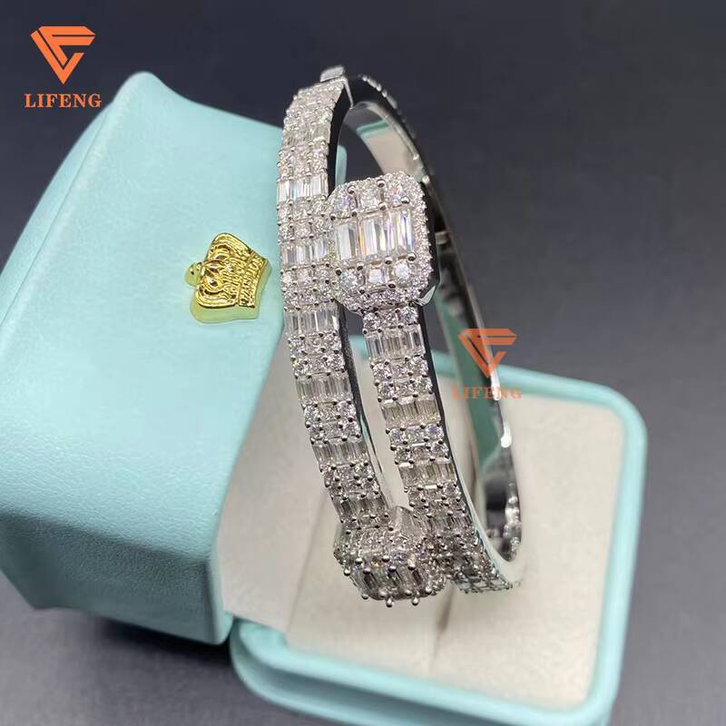 High Quality Solid Silver Baguette Design Moissanite Hip Hop Jewelry Drop Shipping Iced Out Bracelets and Bangles
