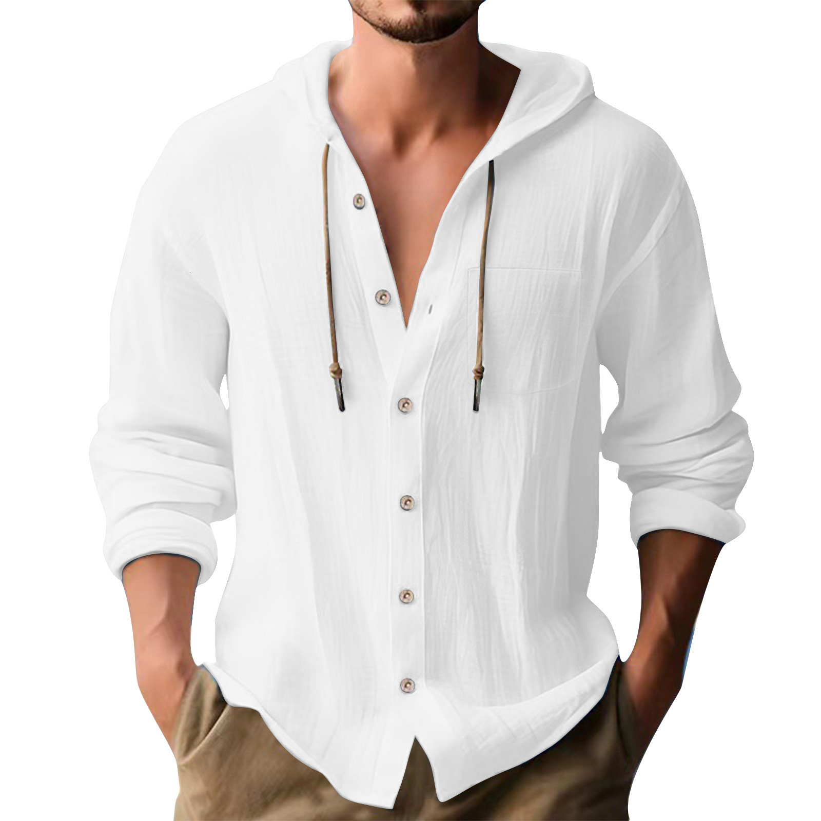 Luxury Brand Designer Men 2026 New Hooded Linen Cotton Long Sleeve Shirt Casual Solid Color Button Down Hoodie T-Shirt for Daily Wear