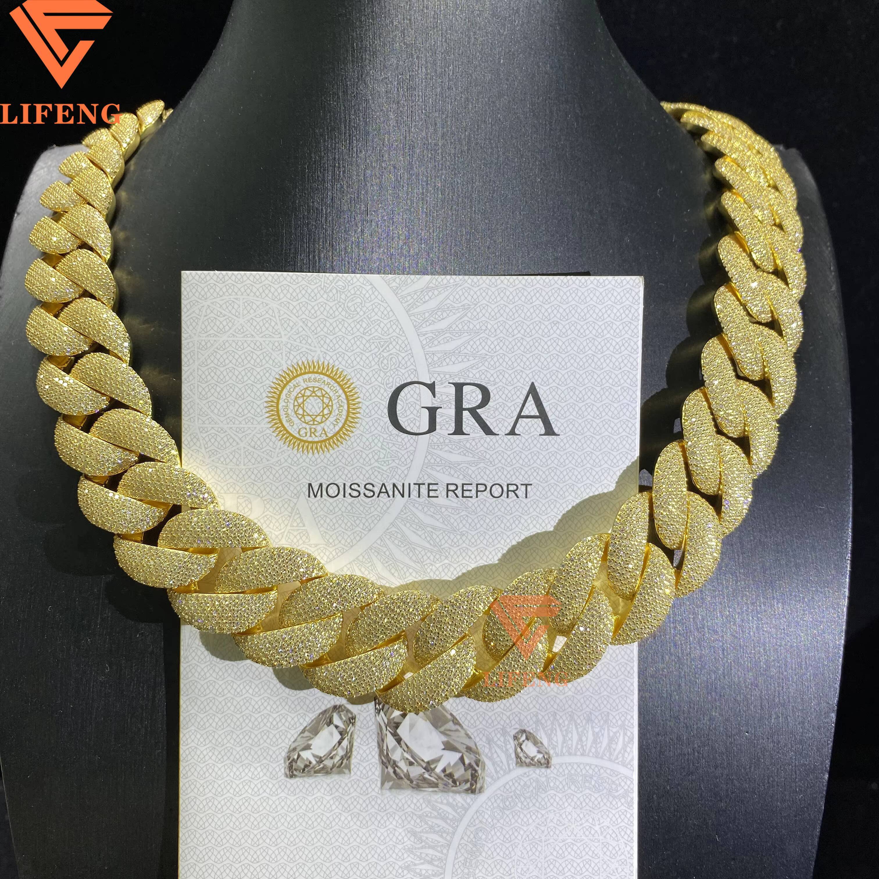 High Quality 23MM D VVS Moissanite Cuban Link Chain Iced Out Hip Hop Sterling Silver 925 Necklace Gold Plated Cuban Links Chains