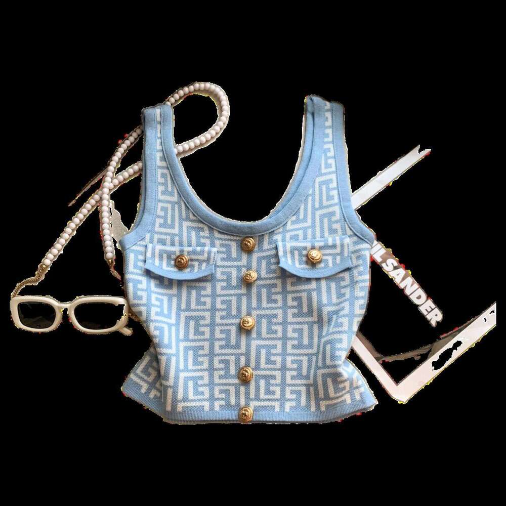 French Style Square Collar Ice Silk Sleeveless Tops Slim Buttoned Blazer Knitted Tanks High End Geometric Jacquard Crop Top
