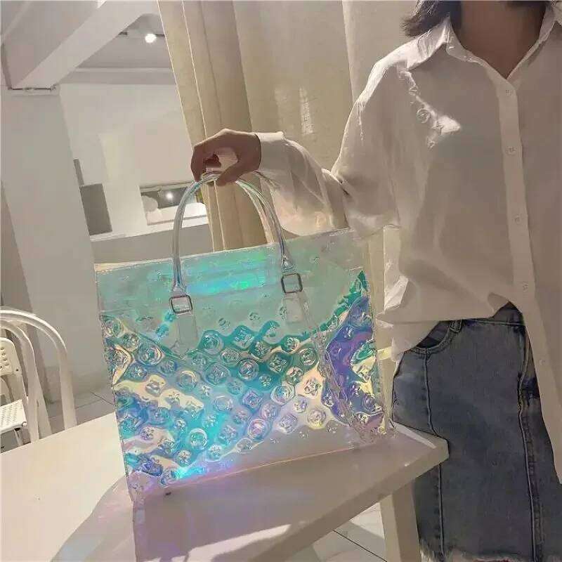 Tote Women TPU Transparent Tote Laser Holographic Colorful Shiny Travel Leisure Luggage Large Capacity Sports Gym Messenger Bag Clutch Bag