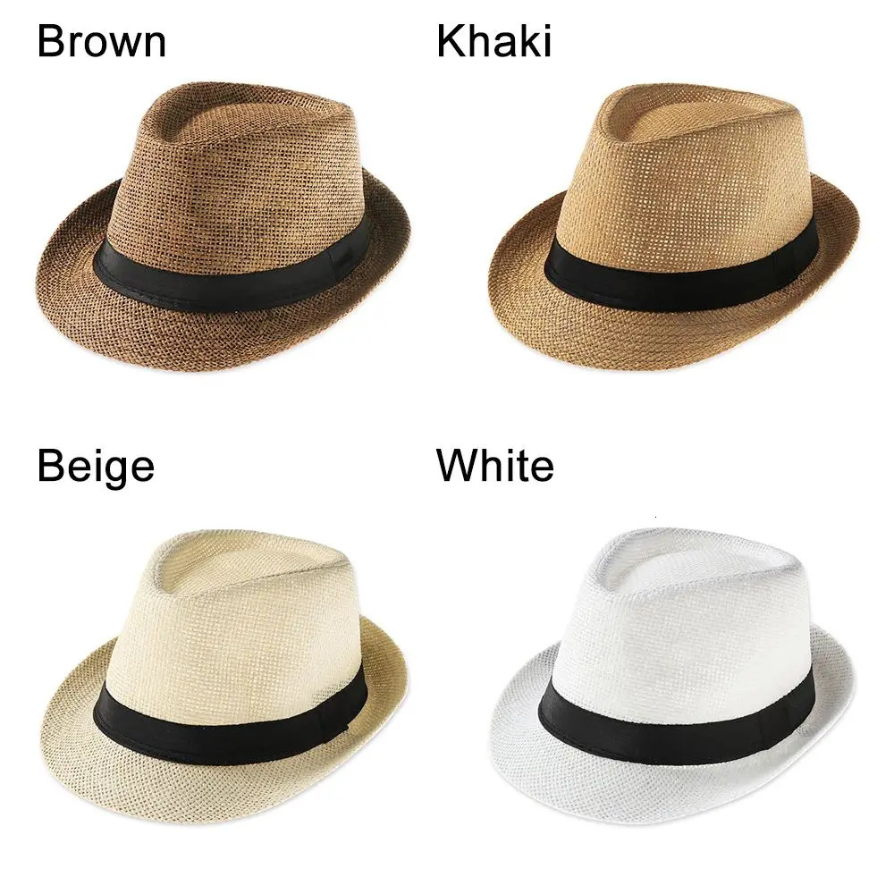 Unisex Fashion Beach Sun Cap Summer Wide Brim Straw Panama Cap Casual Jazz Dress Hat Cowboy Fedora Hat Gangster Cap 260327