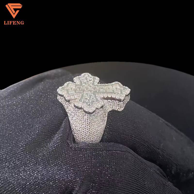 Fine Jewelry Mens Cross Ring 14K/18K White Gold Plated VVS Moissanite Ice Diamond 925 Sterling Silver Baguette Cut Hip Hop
