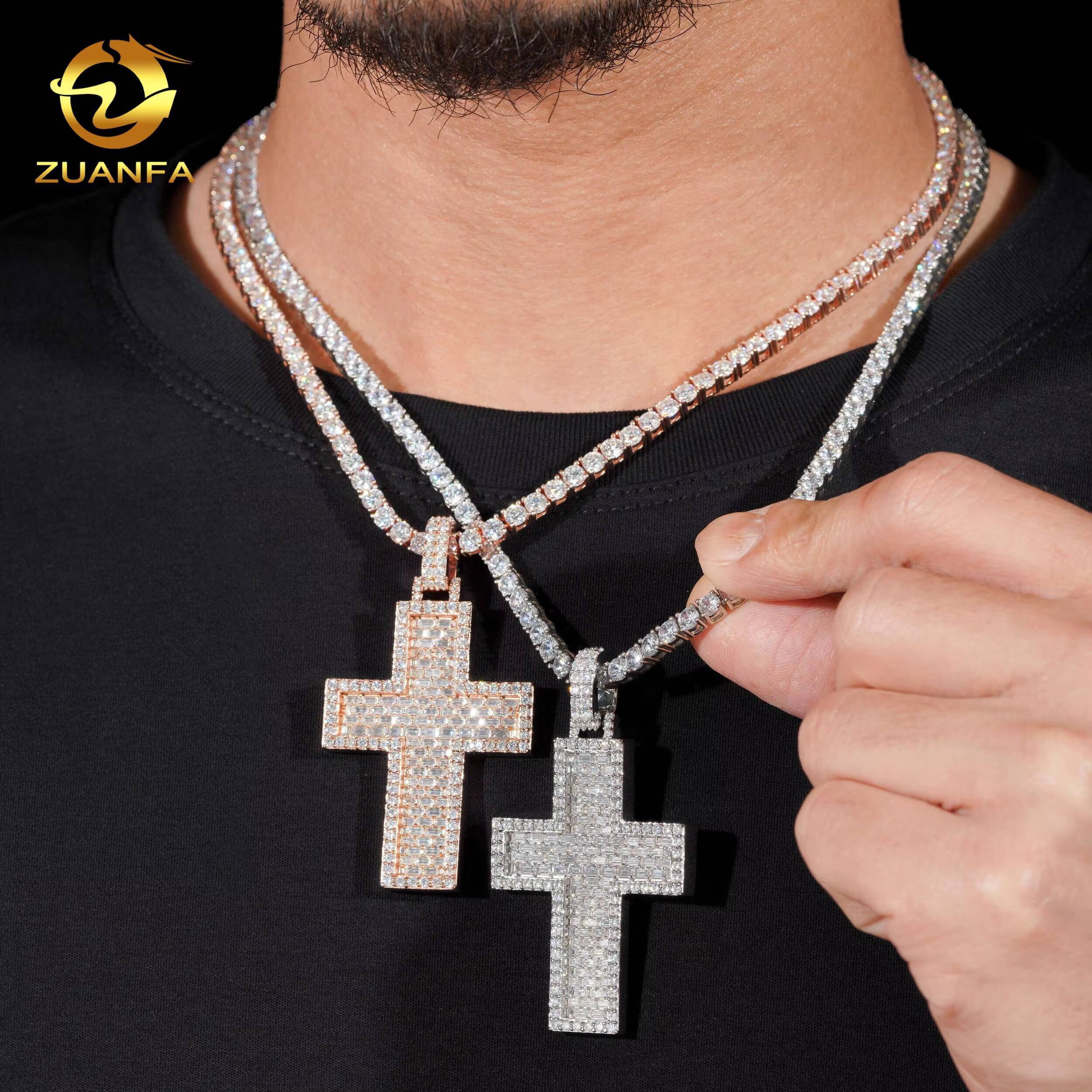 High Quality High Density Micro Paved Moissanite Chain Pendant Cross Custom Hip Hop Pendant Moissanite Religious Jewelry