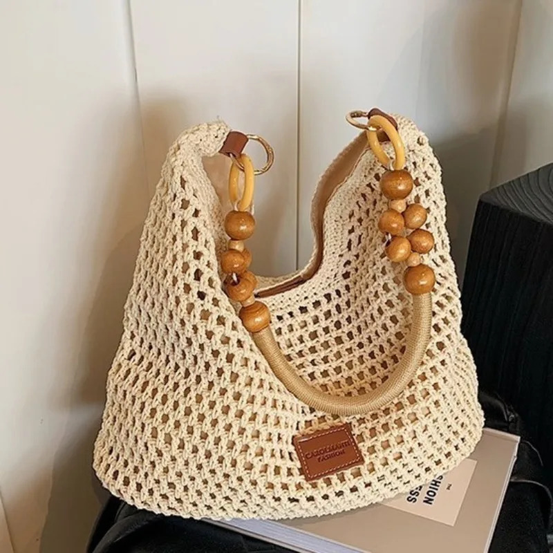 Beach Summer Bag for Women Mesh Woven Shoulder Bag Adjustable Strap Handbag Large Capacity Hobo Bag for Travel Vacation 260330