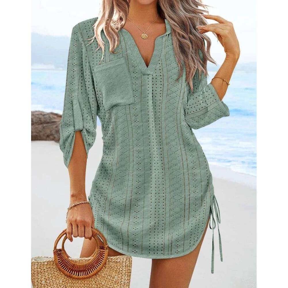 Women's V-Neck Hollow Out Beach Tunic - Lightweight Summer Cover Up With Side Tie Details YINRULAN
