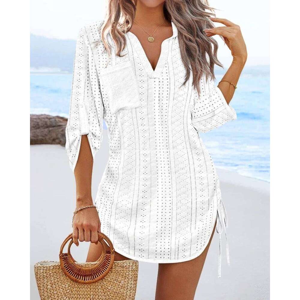 Women's V-Neck Hollow Out Beach Tunic - Lightweight Summer Cover Up With Side Tie Details YINRULAN