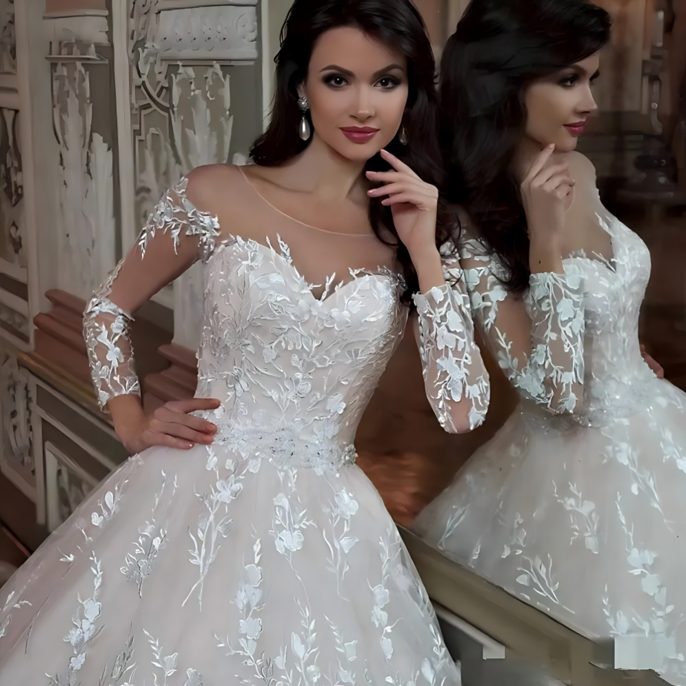 Dubai Arabic Princess A-line Wedding Dresses Sweetheart Elegant Long Transparent Sleeves with Lace Applicants Shiny Bridal Gowns Court Gown Custom Mad