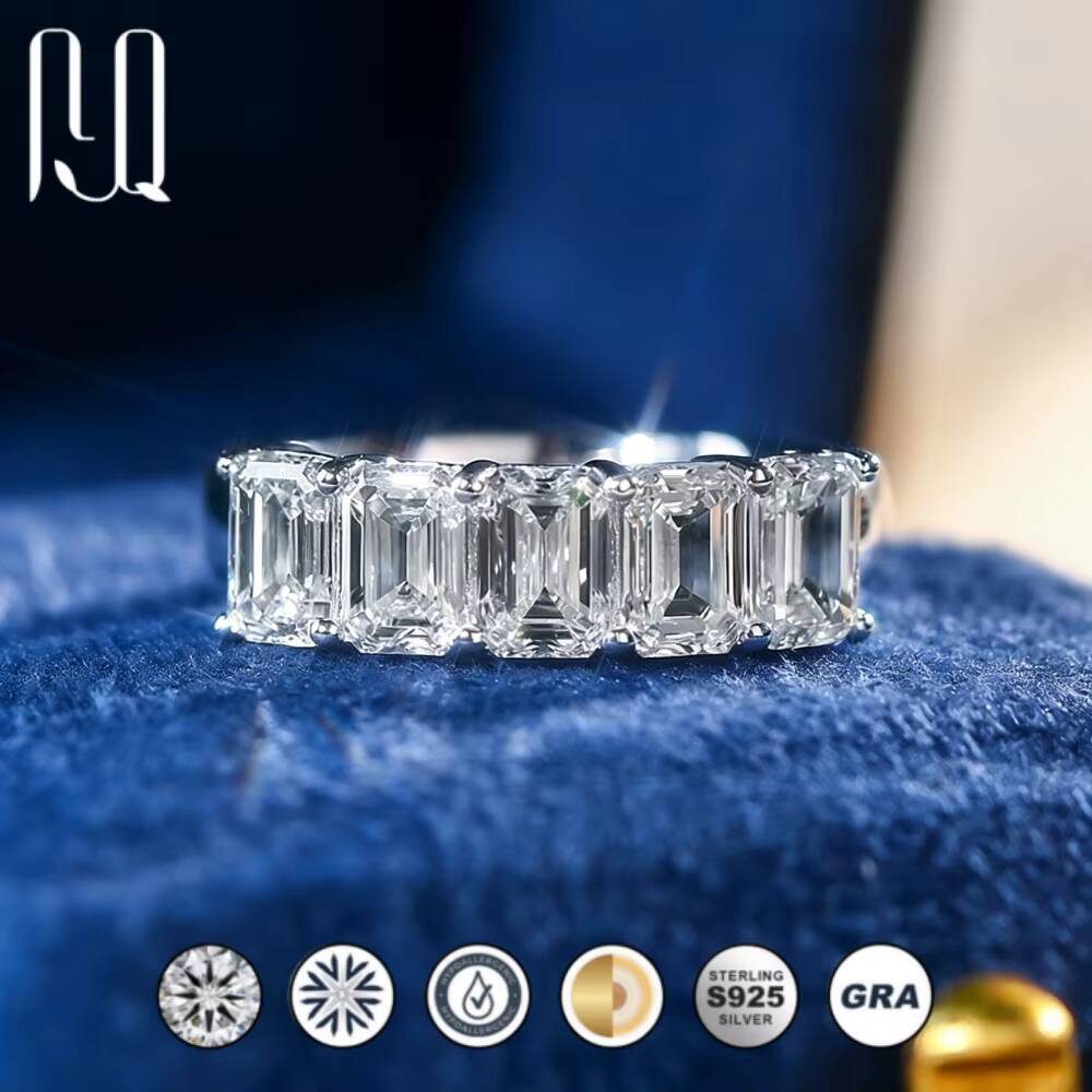 PYQ 4x6mm Emerald Cut Moissanite Half Row Eternity Band 925 Sterling Silver Plated 18K Gold Luxury Womens Ring for Wholesale