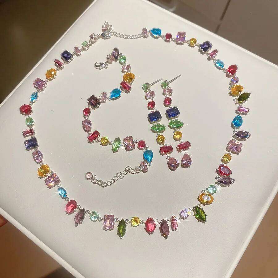 Jewelry Set Plated Luxury Colourful Crystal Zircon Necklace For Women Fashion Party Jewelry Accessories Ladies Jewellery Gifts Visionice