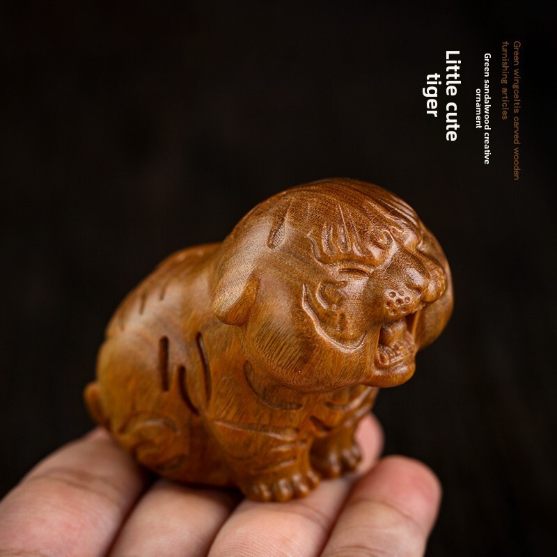 Ornament Cartoon Green Sandalwood Carving Home Living Room Wine Cabinet Decoration Tea Table Desktop Creative Zodiac Tiger Display Cute Style