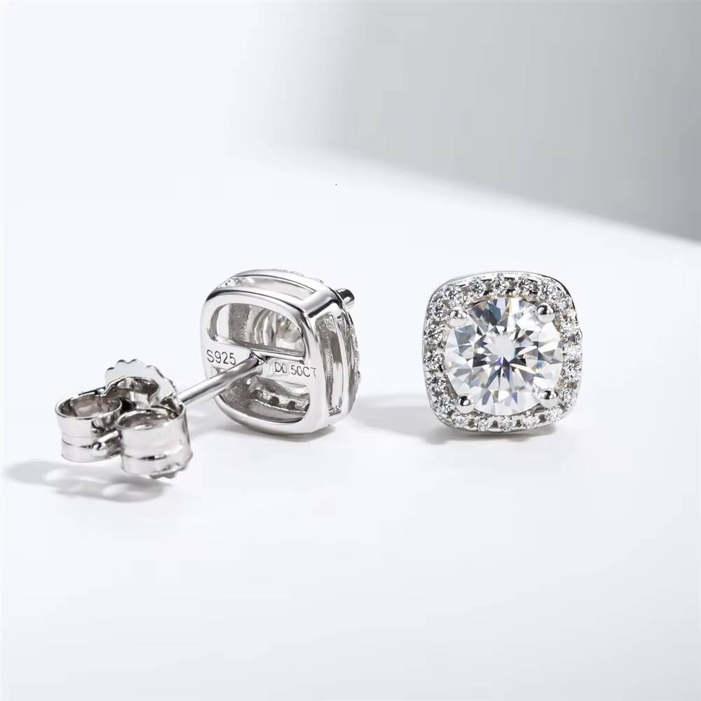 05 Carat Halo Full Pave Moissanite Stud Earrings Platinum Plated 925 Silver Luxury Womens Factory Wholesale