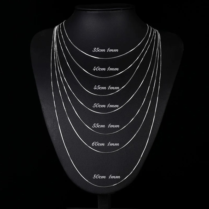 35-80cm 1mm Thin Pure Solid 925 Sterling Silver Box Chain Necklace For Women Men Kids Girls Necklaces Jewelry Kolye Collare 260403