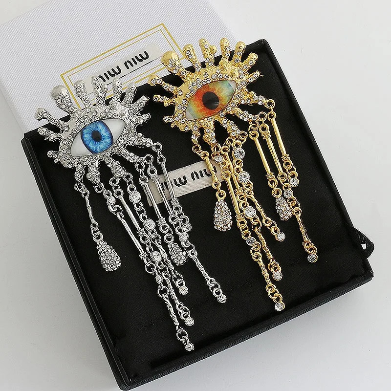 Retro Eye Shaped Rhinestone Brooch for Women and Men Tassel Chain Lapel Pins Badge Elegant Fashion Jewelry Accessories 260403BJ - view 3