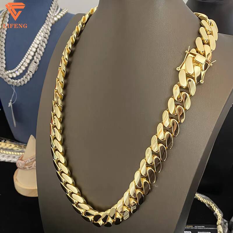 10mm/12mm/18mm/20mm Miami Cuban Link Chain Plain Solid S925 Sterling Silver Moissanite Clasp 18K Gold Plated Hip Hop Style