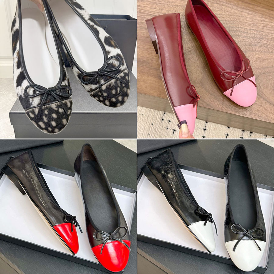 Top quality Bow Sheepskin mesh real eather ballet flats Round toe loafers womens Flat dress shoes ballerina Flat Boat shoes Luxury designer shoes Leopard print denim