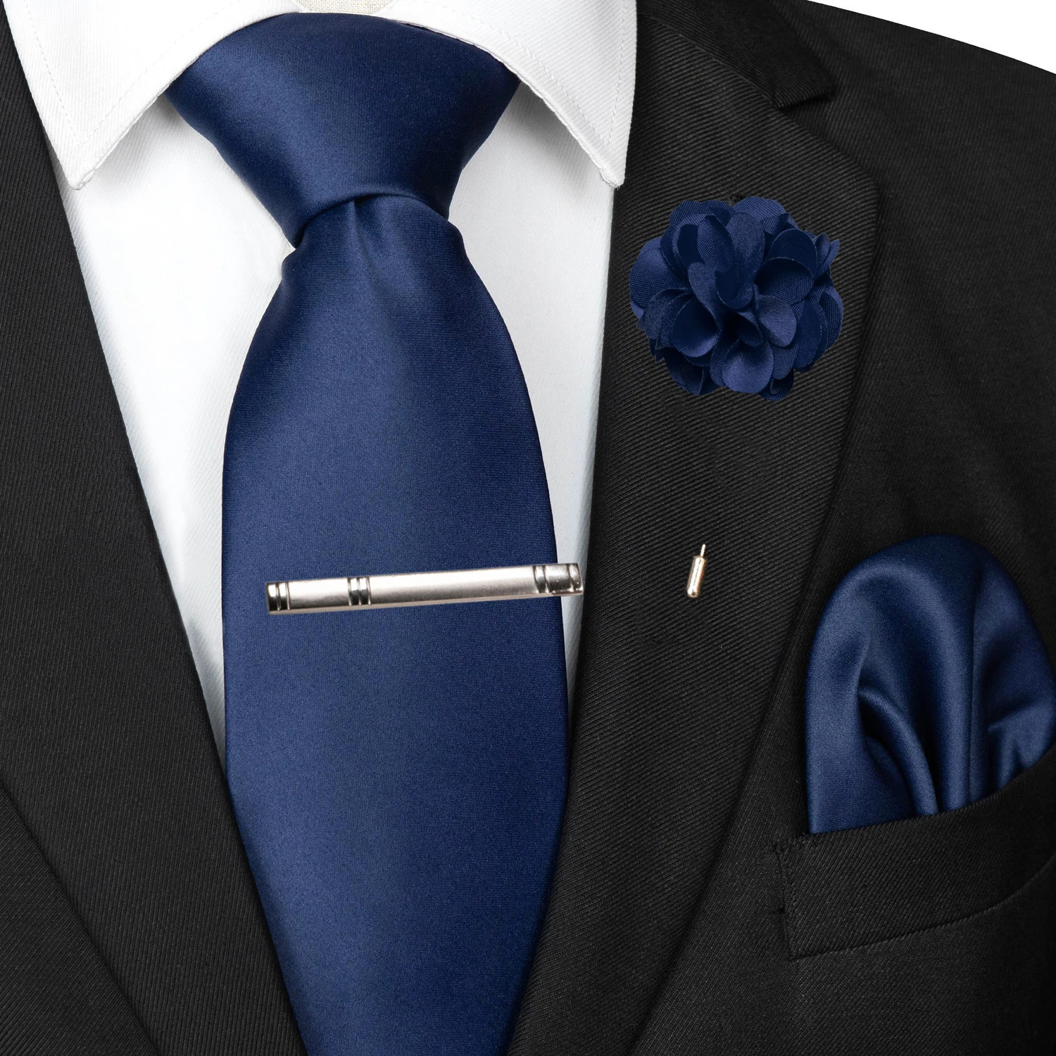 Mens Colors Solid Tie and Lapel Pin Necktie Pocket Square and Tie Clip Sets for Business Casual 4PCS 260403BJ - view 3