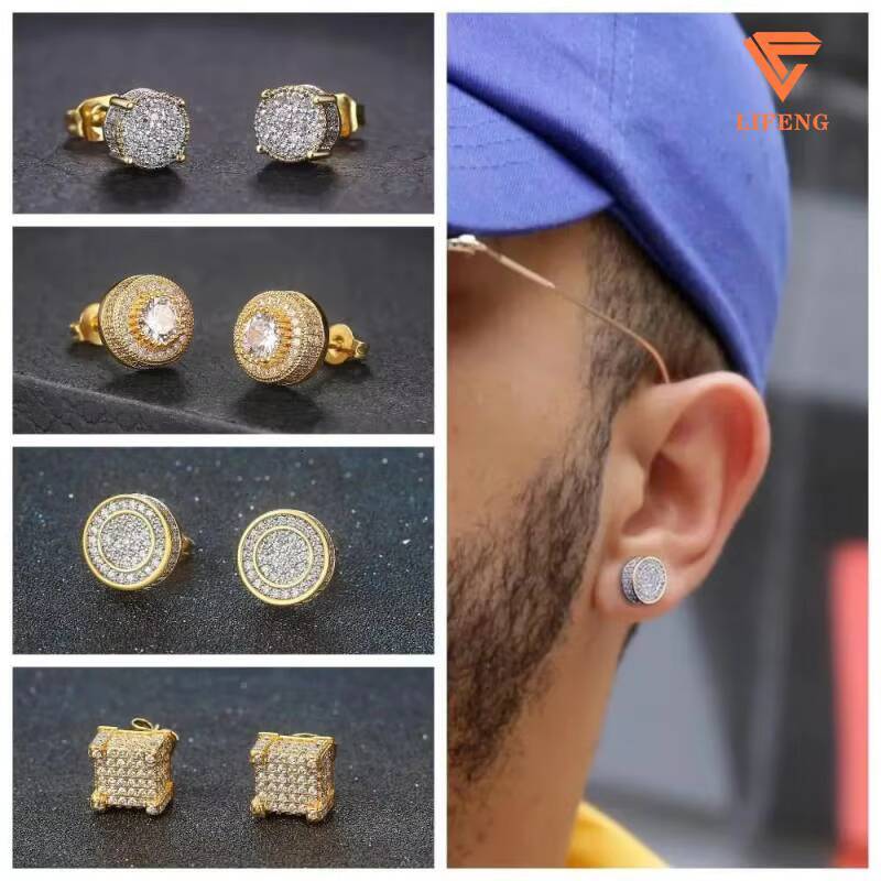 Wholesale 925 Sterling Silver Mens Hip Hop Bling Earrings Iced VVS Moissanite Diamond Hoop Design 18K Gold Stud Earrings