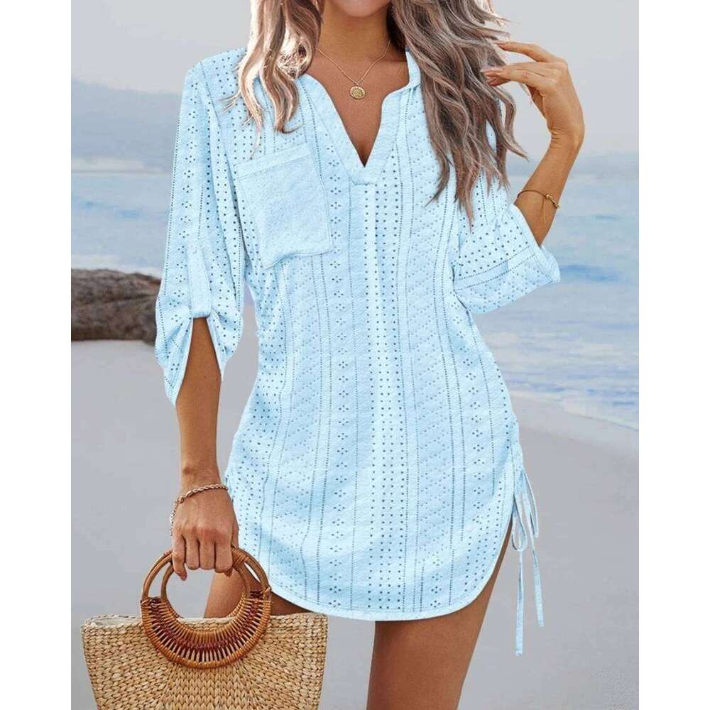 Women's V-Neck Hollow Out Beach Tunic - Lightweight Summer Cover Up With Side Tie Details YINRULAN