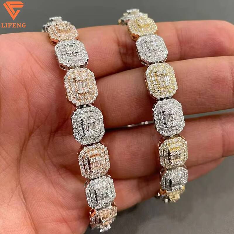 Lifeng Jewelry Hot Sale Hip Hop Rock Candy Chain 925 Silver Gold Plated Bling Moissanite Chain Iced Out Initial Necklace