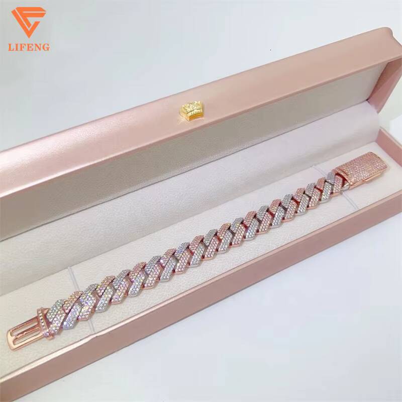 Custom 15mm 925 Sterling Silver Fine Chains Mens Two-Tone Rose Gold Cuban Link VVS Moissanite Diamond Test Ice Charms Bangles