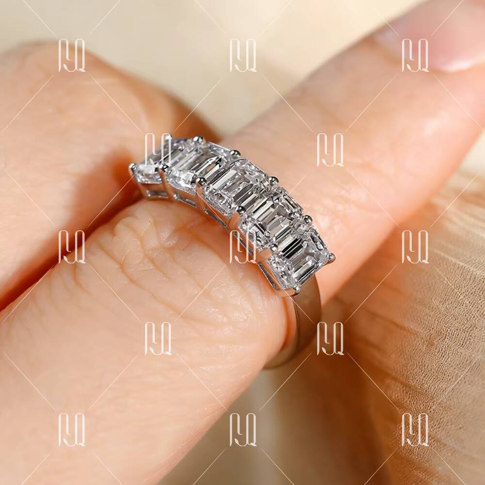 PYQ 4x6mm Emerald Cut Moissanite Half Row Eternity Band 925 Sterling Silver Plated 18K Gold Luxury Womens Ring for Wholesale