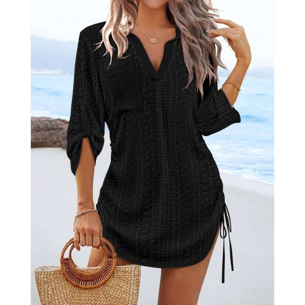 Women's V-Neck Hollow Out Beach Tunic - Lightweight Summer Cover Up With Side Tie Details YINRULAN