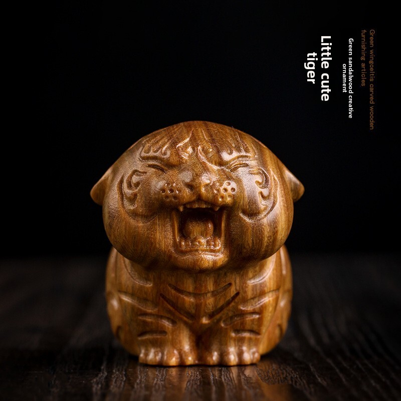 Ornament Cartoon Green Sandalwood Carving Home Living Room Wine Cabinet Decoration Tea Table Desktop Creative Zodiac Tiger Display Cute Style