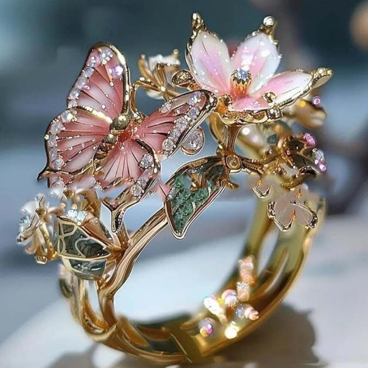 2026 European And American Hot Selling New Designer Luxury Brand Colorful Drip Oil Ring Butterfly Finger Fashionable Opening Ring Boutique Floral Deco