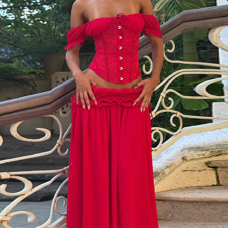 Sexy Red Womens Matching Sets Fishbone Lace Corsets Low Waist Loose Skirt Suits Vacation 2 Pieces Sets 2026 Summer Lady Outfits 260403