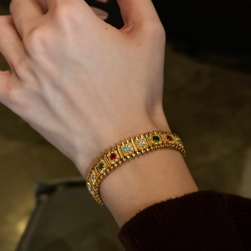 Ancient Style Multi-Treasure Bracelet Featuring Colorful Gemstone Watch Chain & Square Double-Layer Diamond Jewelry - view 3