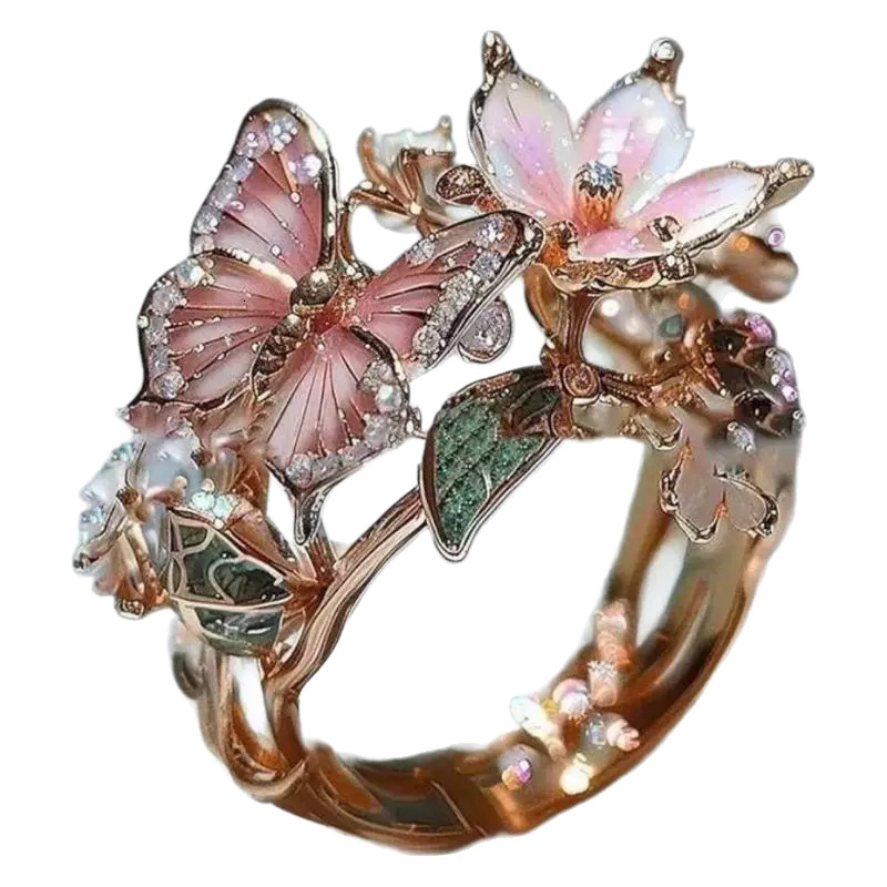 2026 European And American Hot Selling New Designer Luxury Brand Colorful Drip Oil Ring Butterfly Finger Fashionable Opening Ring Boutique Floral Deco