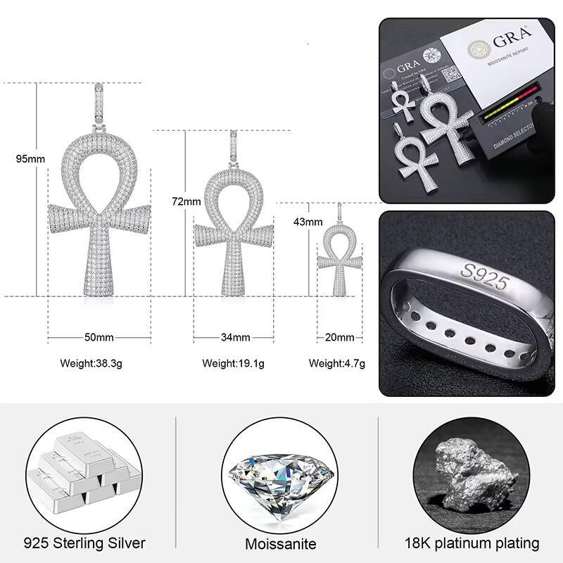 925 Stamp Silver Iced Out Bling Moissanite Diamond Cross Pendant Necklace for Women Prevalent Multi-Size Jewelry