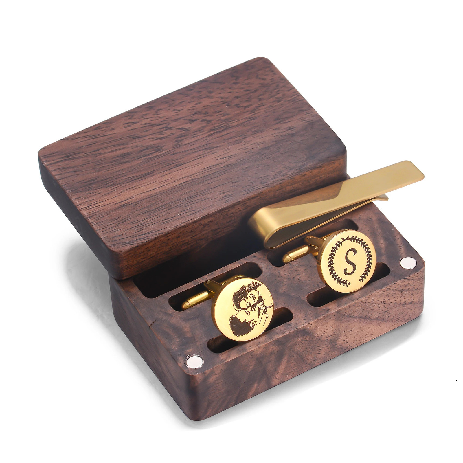 Custom Metal Cufflinks Tie Clip Wooden Box Engraved Gift for Man Dad Groomsmen Business Shirt Personalized Cufflinks Set 260403BJ - view 5