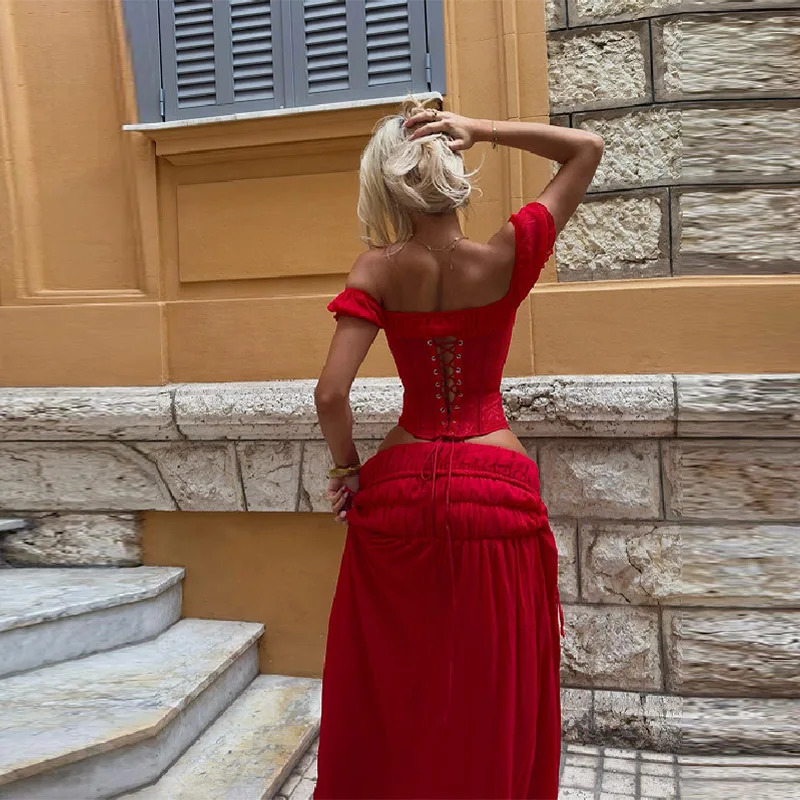 Sexy Red Womens Matching Sets Fishbone Lace Corsets Low Waist Loose Skirt Suits Vacation 2 Pieces Sets 2026 Summer Lady Outfits 260403